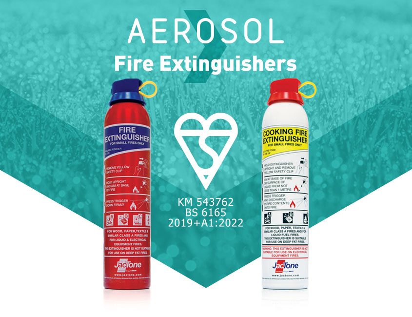 Jactone Aerosol Fire Extinguishers certified to BS 6165:2019+A1:2022